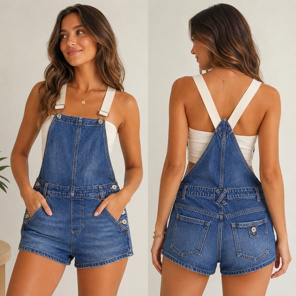 Free People Womens 24 Denim Shortalls Blue Jean Overalls Medium Wash Shorts - Picture 11 of 12